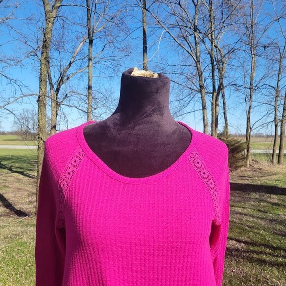 Faded Glory Pink Long Sleeve Round Neck Lace Insert Waffle Knit Tunic Top Size M - Picture 7 of 14